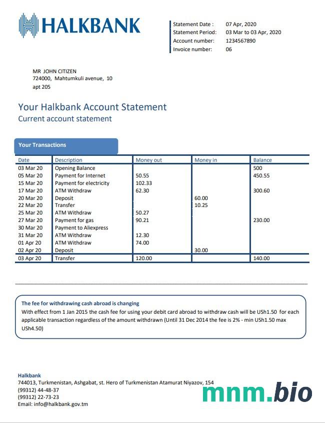 Turkmenistan Halkbank szablon w formacie excel pdf